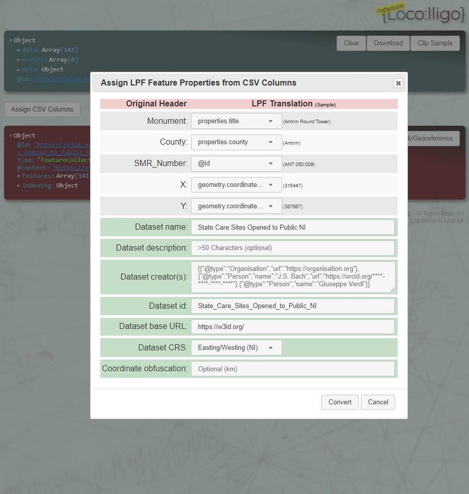 Screenshot of Locolligo CSV to LPF conversion assignment.